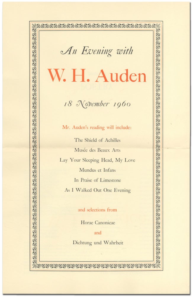 Item #373853 [Broadsheet]: An Evening with W.H. Auden 18 November 1960. W. H. AUDEN.