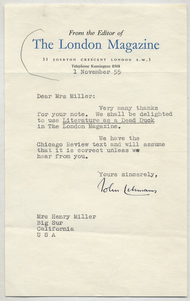 Item #374181 Typed Letter Signed from John Lehmann to Mrs. Henry Miller [Eve McClure]. Henry MILLER, John Lehmann.