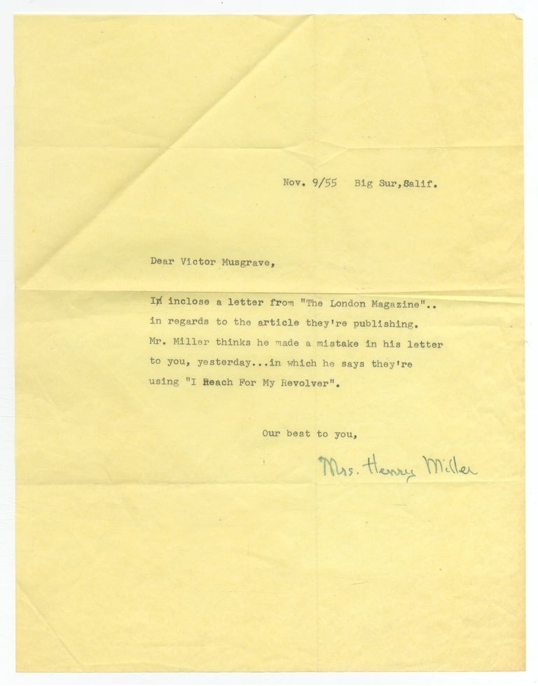 Item #374183 Typed Letter Signed from Mrs. Henry Miller to Victor Musgrave. Henry MILLER, Mrs. Henry Miller, Eve McClure.