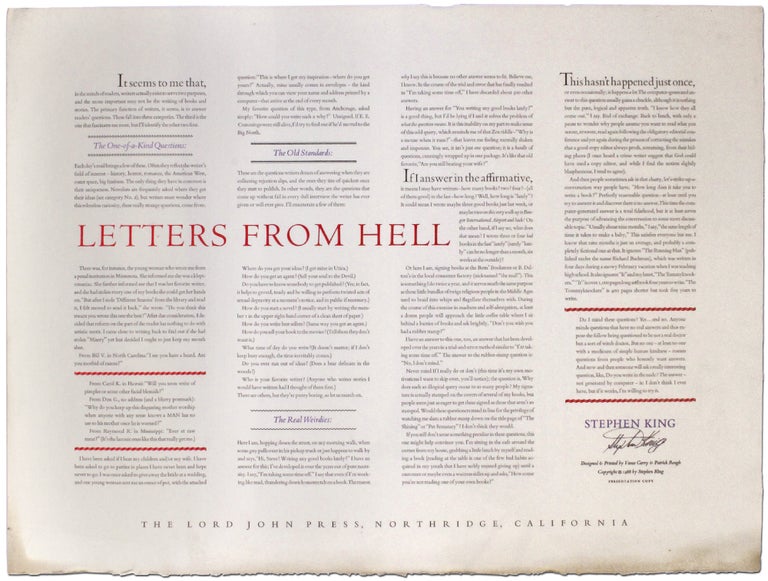 Item #375001 Letters from Hell. Stephen KING.