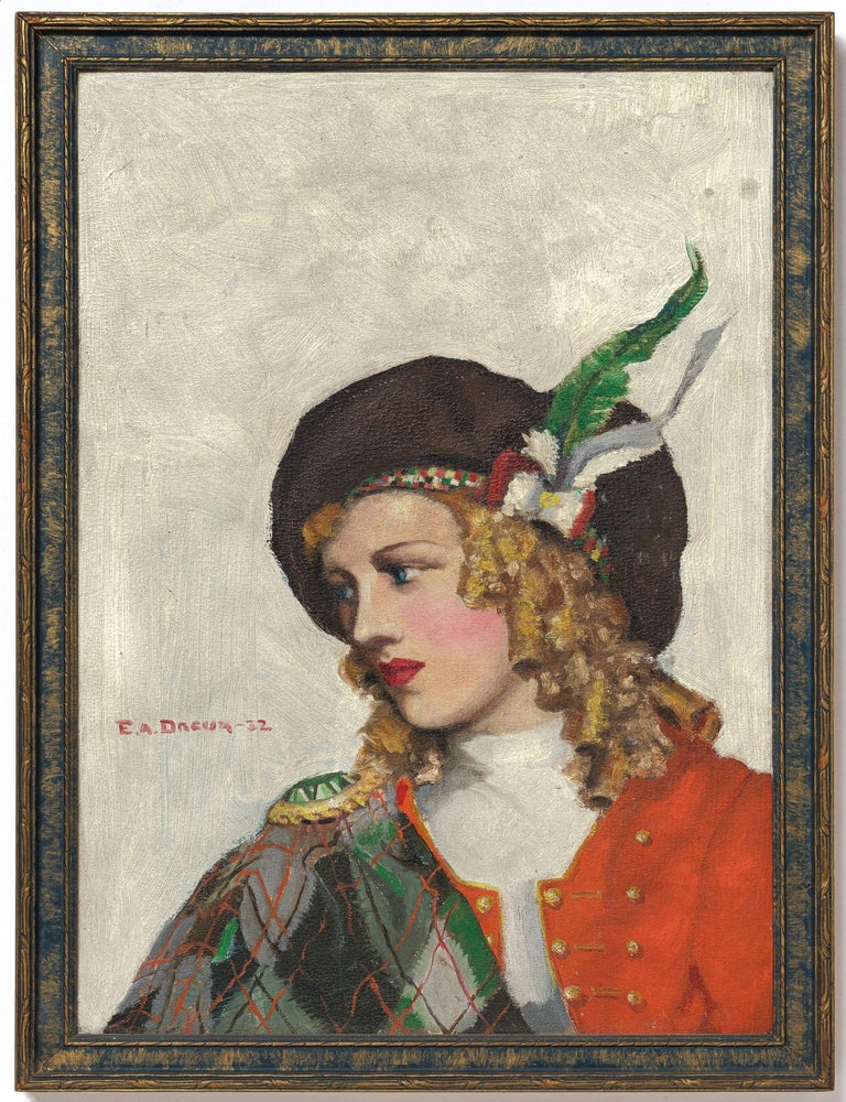 Original Art]: Painting of a Woman in a Feathered Cap. E. A. DREUX, Ruth Staples?
