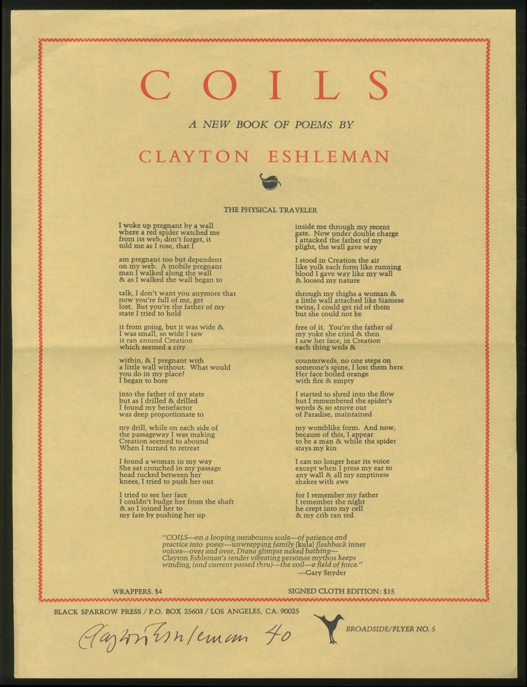 Item #375915 [Broadside]: The Physical Traveler [a poem in Coils]. Clayton ESHLEMAN.