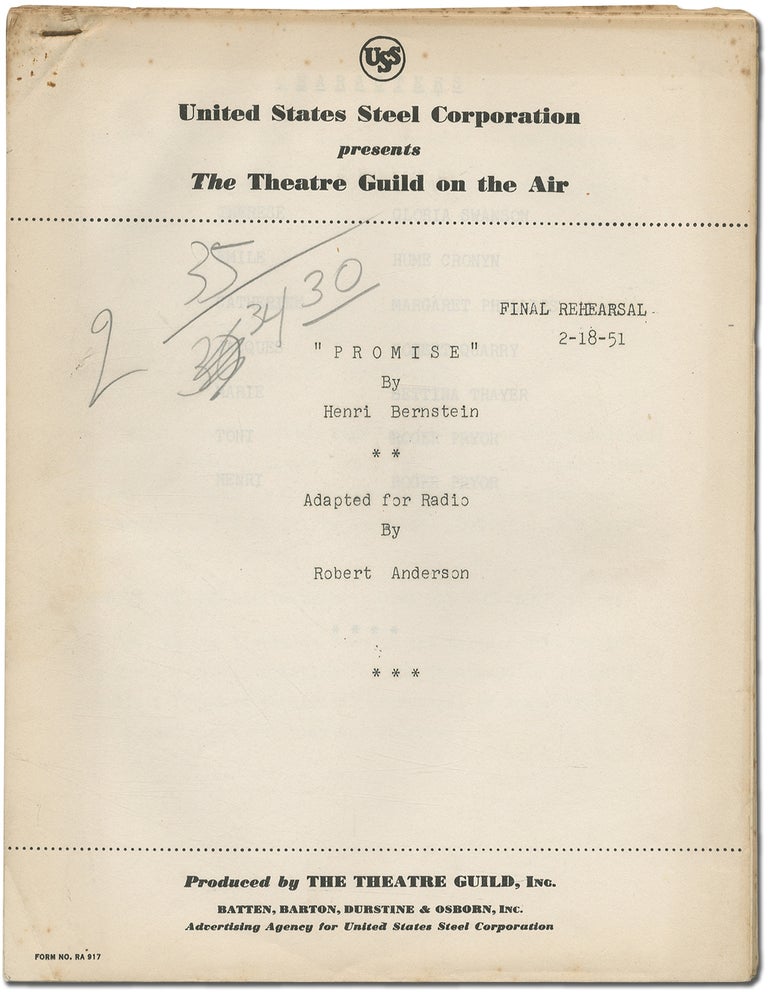 Item #381826 [Radio script]: Promise by Henri Bernstein Adapted for Radio. Robert ANDERSON, Henri Bernstein.