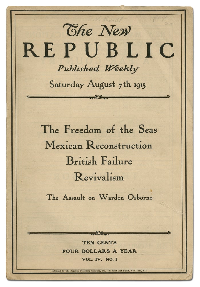 Item #384440 The New Republic – August 7th 1919, Vol. IV, No. 1. Stephen Vincent BENÉT.