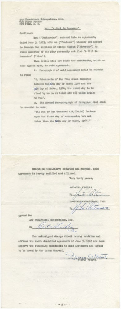 Item #385438 Partially Printed Contract Signed ("George Abbott"). George ABBOTT.