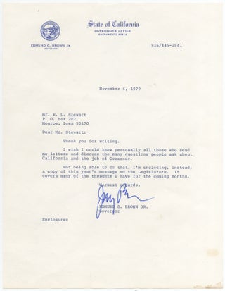 Typed Letter Signed ("Jerry Brown") as Governor, accompanying a "Report to the Legislature"