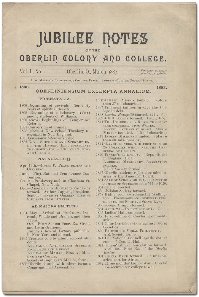 Item #385619 Jubilee Notes of the Oberlin Colony and College. Vol. I, No. 1