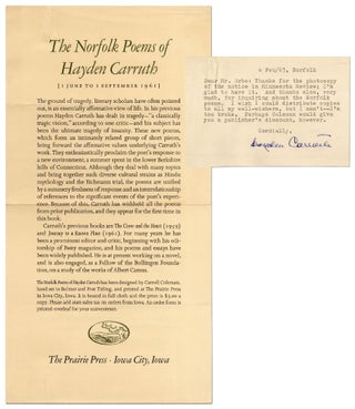 Broadside Prospectus]: The Norfolk Poems of Hayden Carruth [with] Typed Note Signed. Hayden CARRUTH.