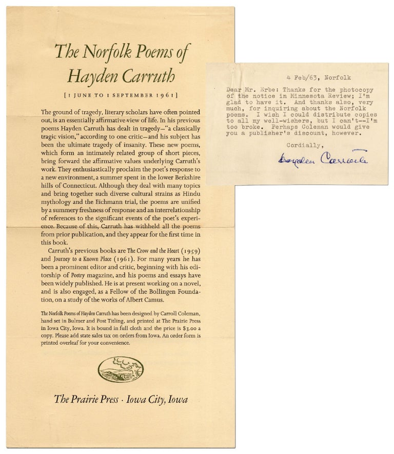 Item #386057 [Broadside Prospectus]: The Norfolk Poems of Hayden Carruth [with] Typed Note Signed. Hayden CARRUTH.