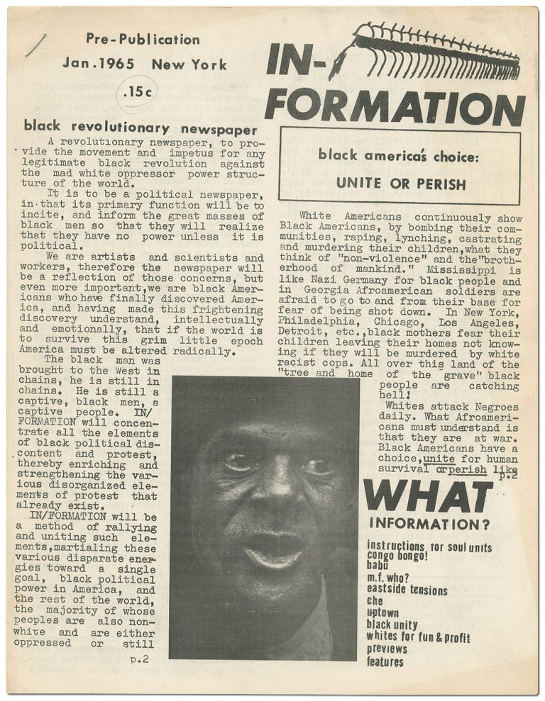 Item #386058 Information: Black Revolutionary Newspaper. Jan. 1965. Pre-Publication [All published?]. Leroi JONES.