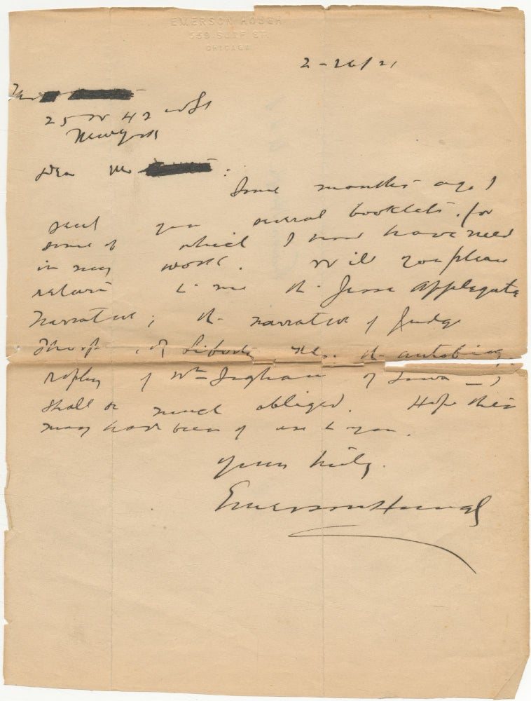 Item #386109 Autograph Letter Signed ("Emerson Hough"). Emerson HOUGH.