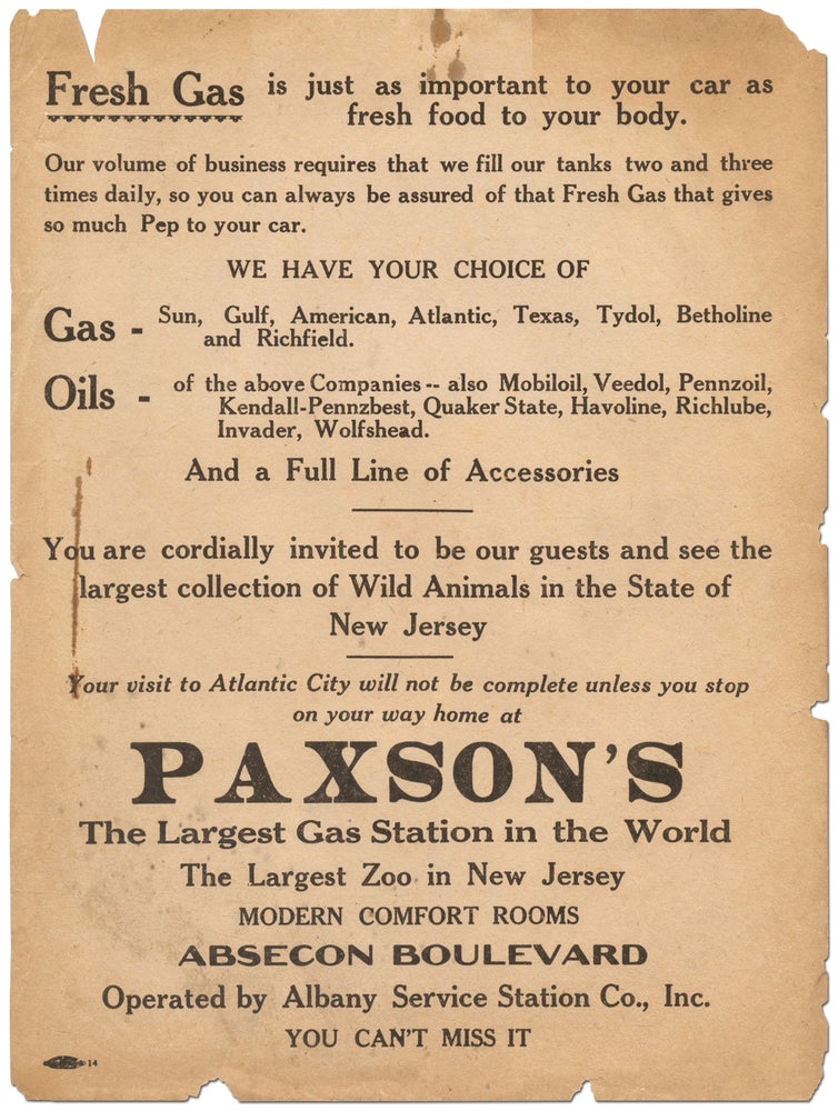 Item #387080 [Broadside]: Your Visit to Atlantic City will not be complete unless you stop on your way home at Paxson's: The Largest Gas Station in the World. The Largest Zoo in New Jersey
