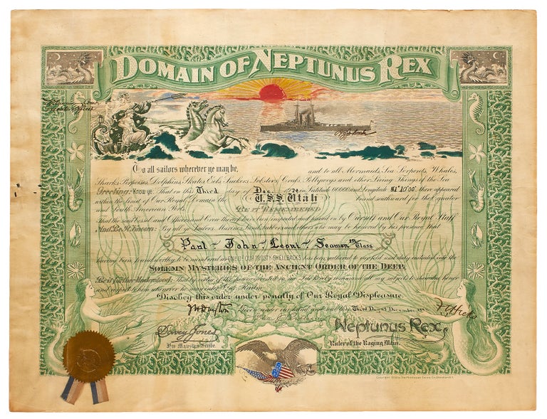 Item #387359 [Certificate and Pamphlet]: Domain of Neptunus Rex (December 1924) / The Cruise Around South America by the U.S.S. Utah. Special Mission of the United States of America to the Republic of Peru on the Occasion of the Centenary of the Battle of Ayacucho December 1924. John J. PERSHING, John H. Dayton, Rufus Zenas Johnston, Frederick C. Hicks.