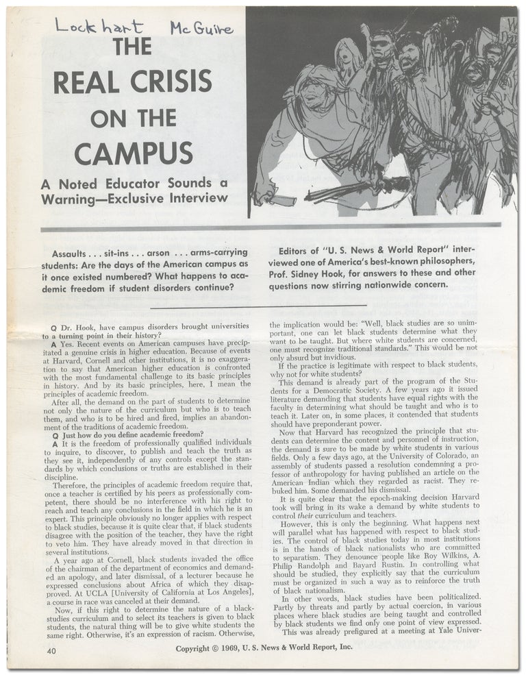 Item #388787 [Offprint]: The Real Crisis on the Campus: A Noted Educator Sounds a Warning - Exclusive Interview [with]: The New Left in Action. Dr. Sidney HOOK.