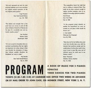 [Program]: Maro Ajemian and William Masselos in A Concert of Music for Prepared Pianos at Carnegie Chamber Hall December Tenth and Eleventh at 8:45 by John Cage (A Book of Music for 2 Pianos / Sonatas / Three Dances for Two Pianos)