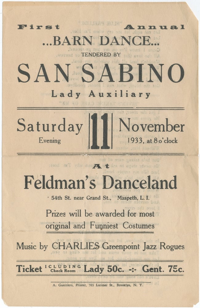 Item #390048 [Handbill]: First Annual Barn Dance Tendered by San Sabino Lady Auxiliary at Feldman's Danceland... Prizes will be awarded for most original and Funniest Costumes. Music by Charlie's Greenpoint Jazz Rogues