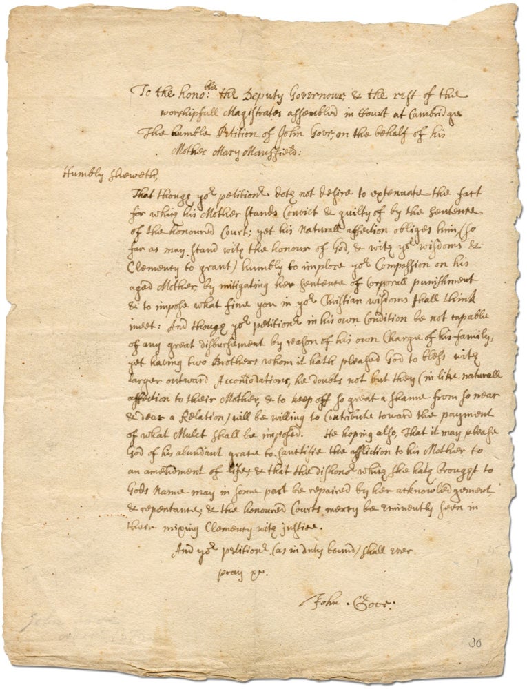 Item #390132 Colonial Era Holographic Letter Written in 1659 by a Resident of Charlestown, Massachusetts on Behalf of His Mother Concerning Flogging Her After Her Arrest. John GOVE.