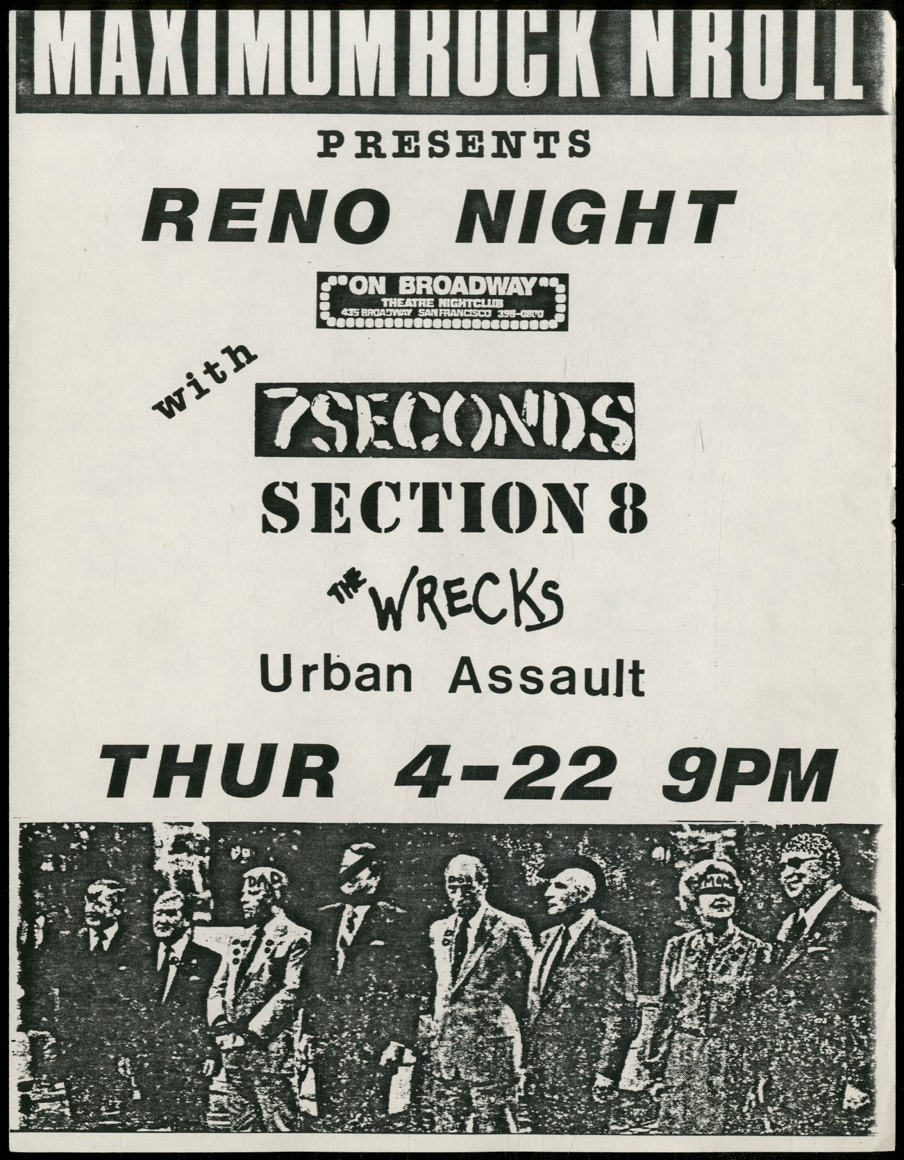 Punk Flyer : Maximum Rock n' Roll Presents Reno Night by Section 8 7  Seconds, The Wrecks, Urban Assault on Between the Covers