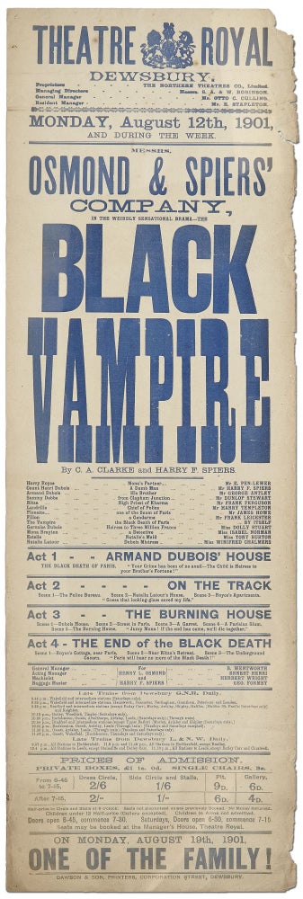 Item #395087 [Broadside]: Theatre Royal, Dewsbury: Messers Osmond & Spiers' Company, in the Weirdly Sensational Drama - The BLACK VAMPIRE