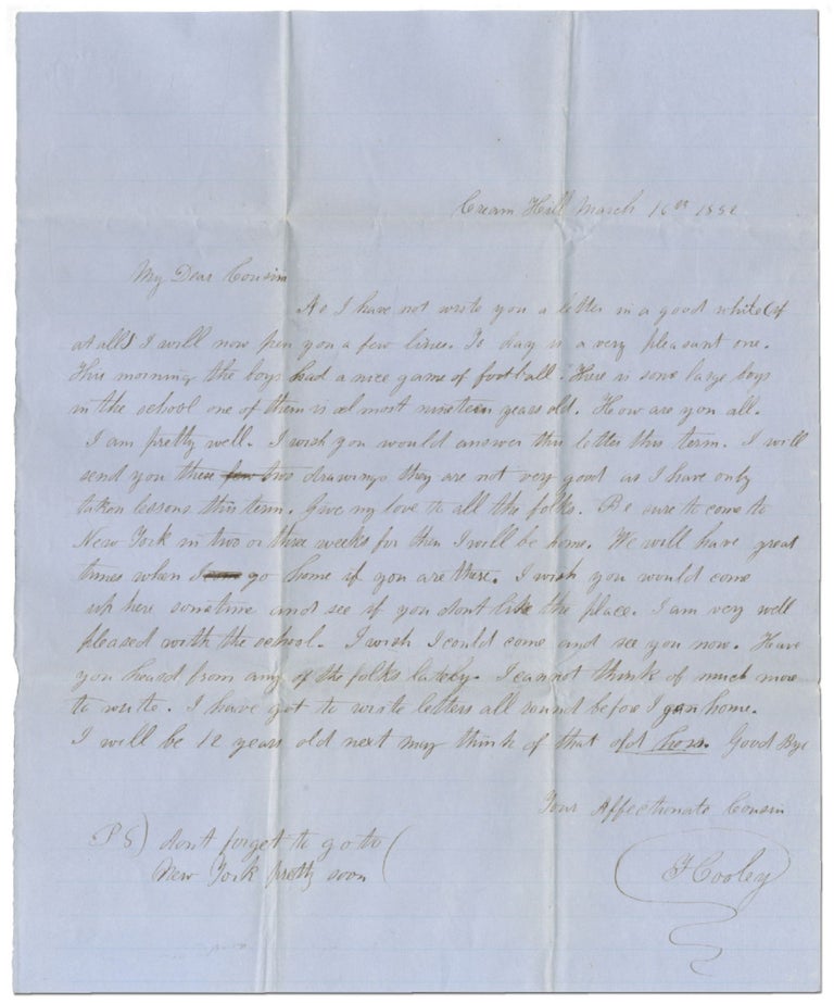 Item #395217 1852 Letter from a Connecticut Schoolboy Referencing Football
