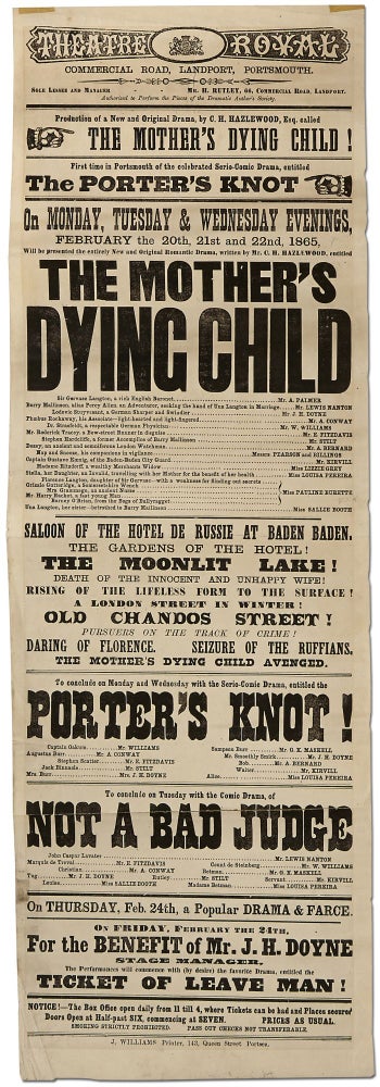 Item #395291 [Broadside]: Theatre Royal... Portsmouth... Production of a New and Original Drama by C.H. Hazelwood, Esq. called The Mother's Dying Child!