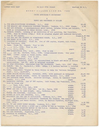 Item #396733 [Bookseller's Catalog]: Henry Miller List No. Two (with additions and revisions)....