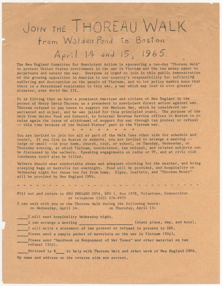 Item #398339 [Flyer]: Join the Thoreau Walk from Walden Pond to Boston April 14 and 15, 1965