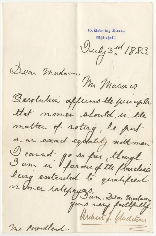 Item #398616 Letter Signed about Women's Rights. Herbert John GLADSTONE.