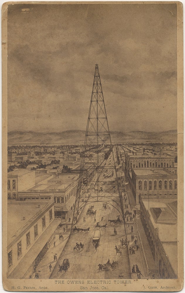Item #399578 Large Cabinet Photograph of The Owens Electric Tower in San Jose, California. H. G. PEELOR, artist.