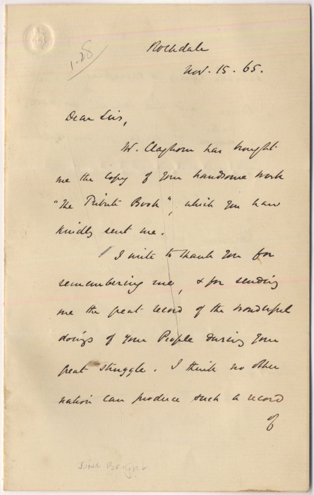 Item #399799 Autograph Letter Signed ("John Bright") to New York publisher's Derby and Miller. John BRIGHT.