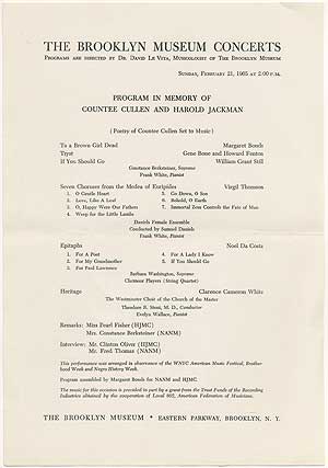 Item #401042 [Broadsheet]: The Brooklyn Museum Concerts Program in Memory of Countee Cullen and...