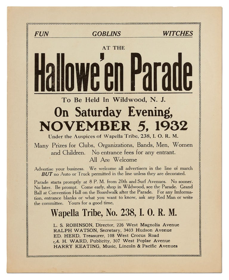 Item #401310 [Broadside]: Fun / Goblins / Witches at the Hallowe'en Parade to be held in Wildwood, N.J. ... November 5, 1932 under the Auspices of the Wapella Tribe, 238, I.O.R.M.