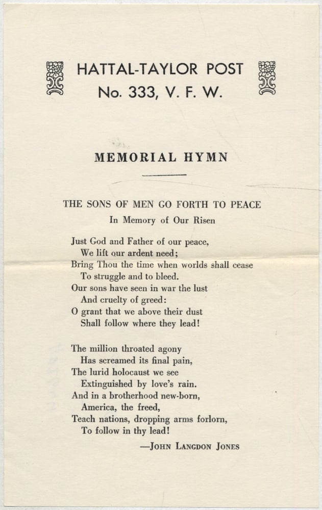 Item #402644 [Poetry handbill]: Memorial Hymn: the Sons of Men Go Forth to Peace. John Langdon JONES.