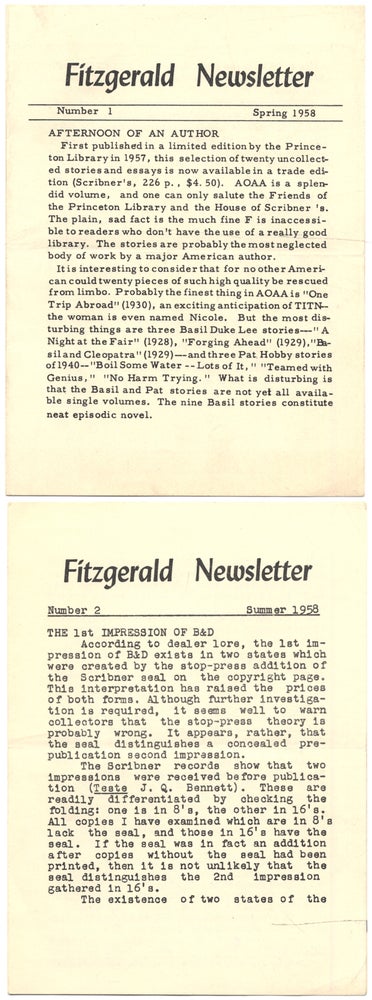 Item #403693 Fitzgerald Newsletter. Number 1 & 2. F. Scott FITZGERALD, Matthew J. BRUCCOLI.
