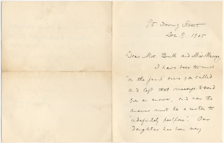 Item #403729 Autograph Letter Signed to Mrs. Bull and Miss Murray. William JAMES.