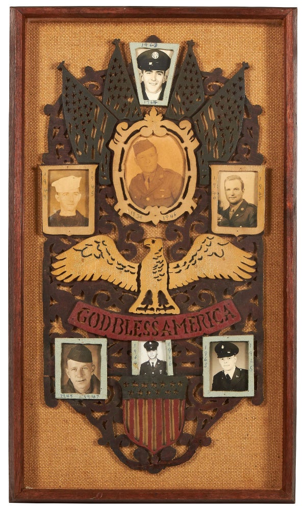 Item #406084 [Folk Art]: Wooden Scroll Work Patriotic Picture Frame with Photos of American Servicemen