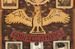 [Folk Art]: Wooden Scroll Work Patriotic Picture Frame with Photos of American Servicemen