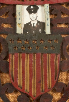 [Folk Art]: Wooden Scroll Work Patriotic Picture Frame with Photos of American Servicemen