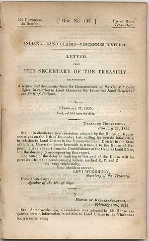 Item #407841 Indiana. Land Claims. Vincennes District. Letter from the Secretary of the Treasury,... in relation to the Land Claims in the Vincennes Land District in the State of Indiana