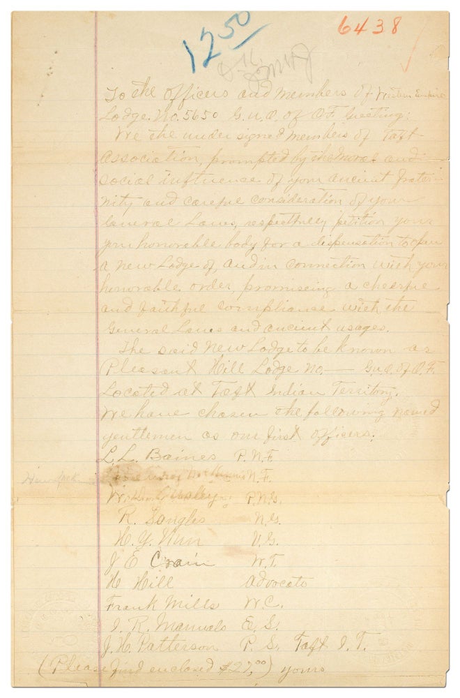 Item #408749 [Manuscript]: Petition to Found a Chapter of an African-American Fraternal Lodge in Pleasant Hill, Indian Territory