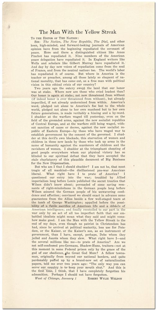 Item #409773 [Broadside]: The Man with the Yellow Streak. To the Editor of The Nation. Robert Wylie WELDON.