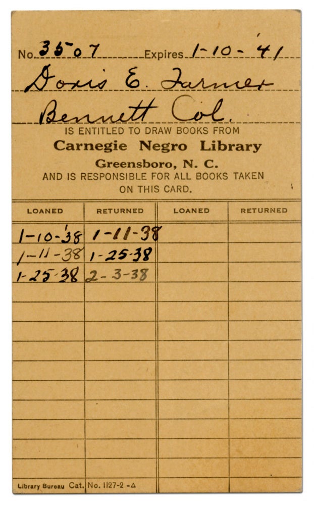 Item #410437 [Library Card]: Carnegie Negro Library. Greensboro, N.C. Doris E. FARMER.