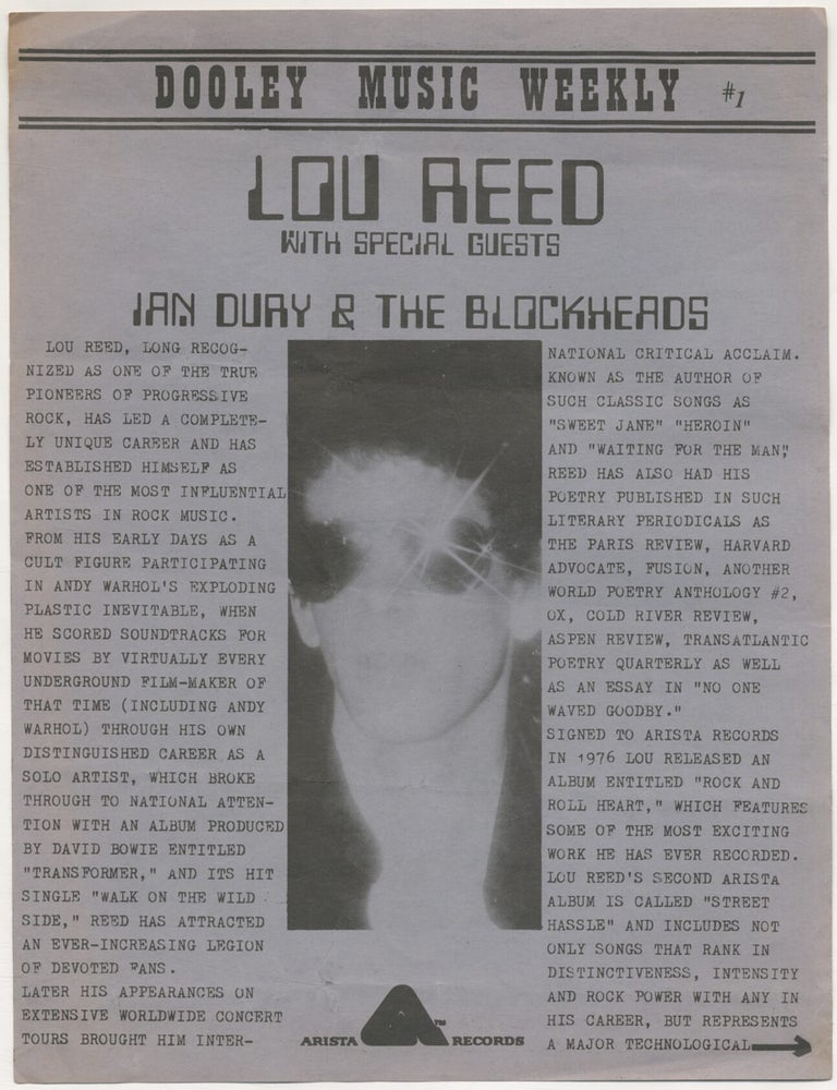 Flyer or Broad Sheet]: Dooley Music Weekly #1. Lou Reed with Special Guests Ian Dury & The. Lou REED.