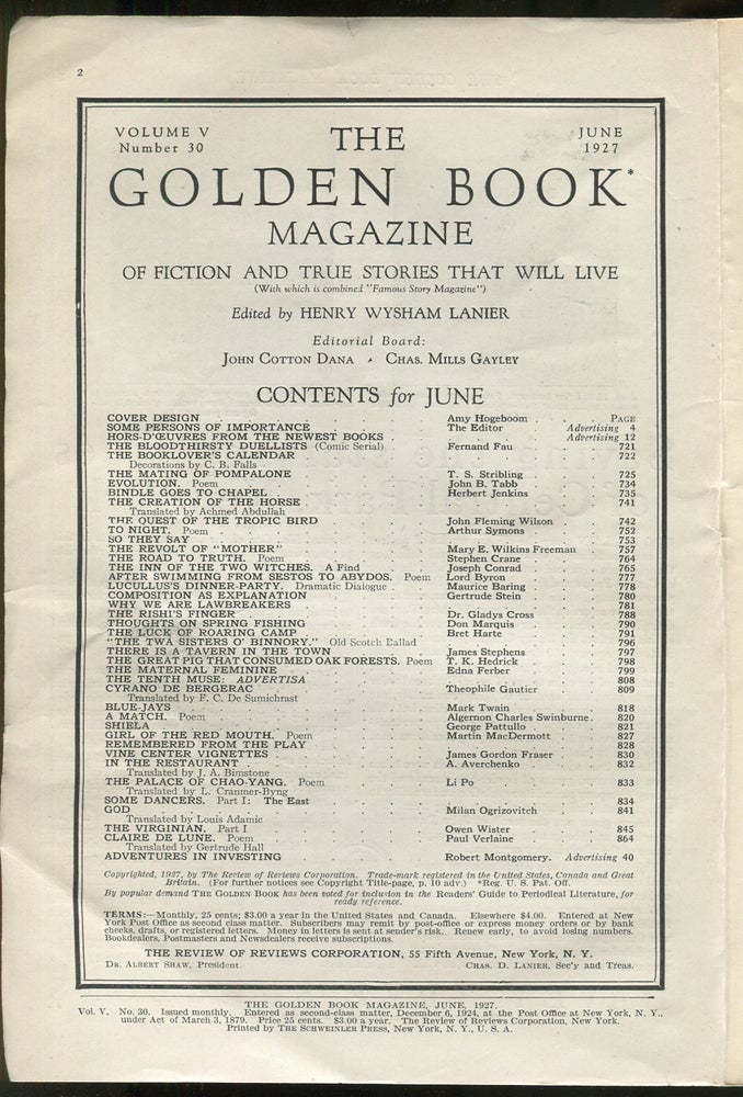 Item #410793 "The Inn of the Two Witches" in The Golden Book Magazine: June 1927, Volume V, Number 30. Joseph CONRAD.