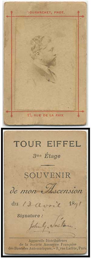 Item #411043 Photograph of John G. Sartain as a Souvenir of his Ascension of the Eiffel Tower, 1891. John G. SARTAIN.