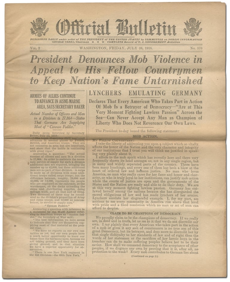 Item #411373 [Newspaper, Lynching]: Official Bulletin. Vol. 2, No. 370 July 26, 1918: President Denounces Mob Violence. Woodrow WILSON.