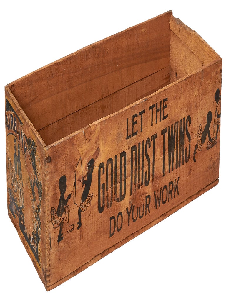 Lot - THREE WOOD ADVERTISING OBJECTS, including a Wilson's Whiskey crate,  13 x 17 inches; Berry Brothers Varnishes box; and a Gold Dust Twi.