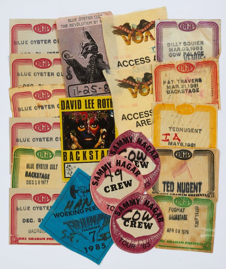 Item #411965 Back Stage Passes or Patches for Various Heavy Metal Music Tours, 1980-1990. Sammy Hagar Blue Oyster Cult, and more, Pat Travers, David Lee Roth.