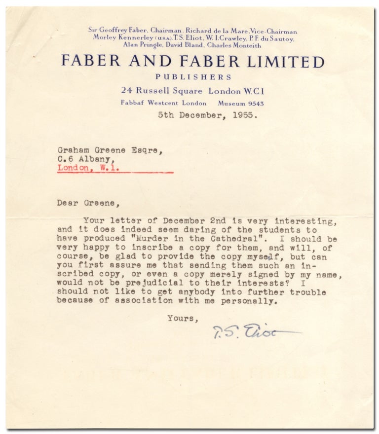 Item #412184 Typed Letter Signed to Graham Greene. T. S. ELIOT.