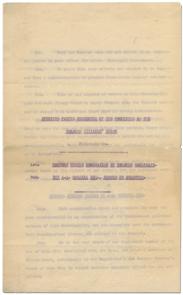 Item #412901 Specific Points Presented by the Committee of the Colored Citizens' Union. 1st. Reasons Urging Nomination of Colored Candidate. 2nd. Why A. A. Mossell Esq., Should be Selected